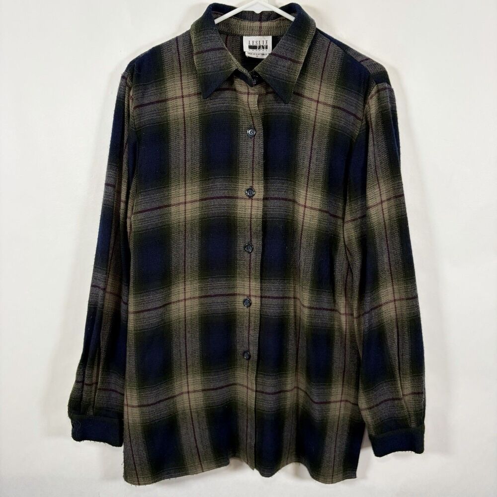 VTG Leslie Fay Casual Button Up Flannel Shirt Jacket Shacket Women 12 Navy Plaid